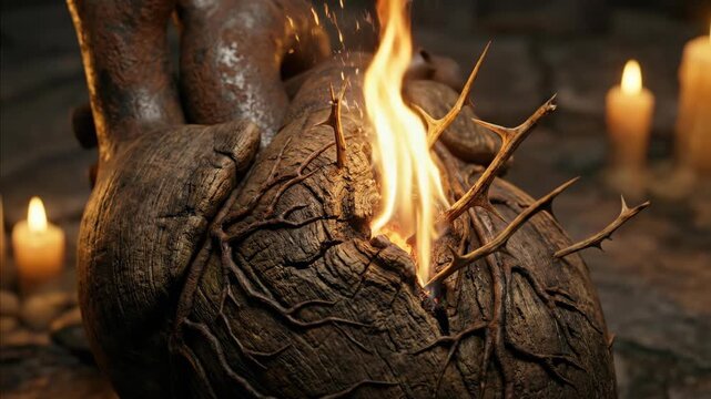Sacred heart burning with fire and thorns, surrounded by candles. Religious spiritual design for catholic contemplation.