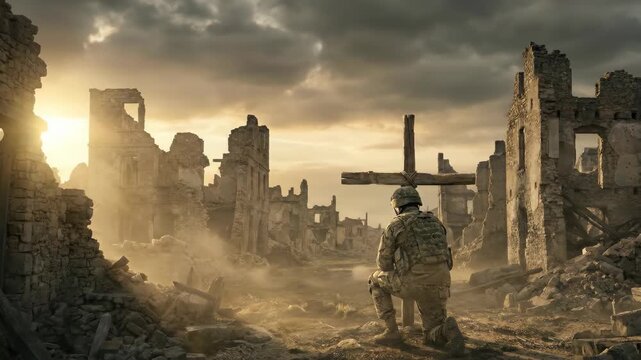 Soldier kneeling before cross in ruined city at sunset, symbolizing prayer, devotion, commemoration, military faith, and sacrifice
