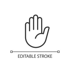 Obraz premium Stop gesture pixel perfect linear icon. Prohibition and restriction. Body language. Thin line illustration. Contour symbol. Vector outline drawing. Editable stroke. Arial font used