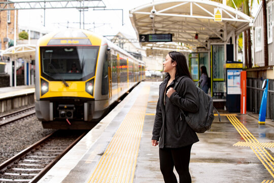 Maori woman on a suburban train platform in Auckland