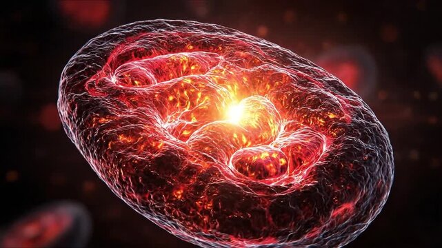 Energy producing mitochondria animation - inner membrane's electron transport chain, where nutrient-derived electrons create a proton gradient that spins ATP synthase to generate ATP