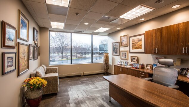 A bright, well-lit office with artwork, a desk, a sofa, and a large window