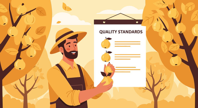 Farmer inspecting apples for quality standards in an orchard.
