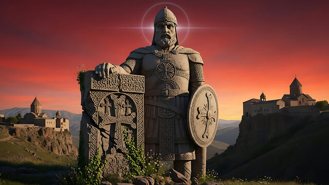Ancient armenian warrior statue standing proudly on hillside overlooking churches against dramatic sunset sky