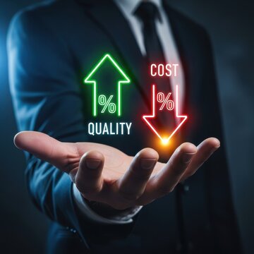 Businessman Hand with Glowing Neon Arrows Representing Increased Quality and Decreased Cost