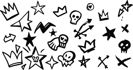 A drawing of various symbols including skulls, stars, and crowns. The drawing is black and white and he is a collage of different shapes and symbols. Scene is somewhat chaotic and disorganized