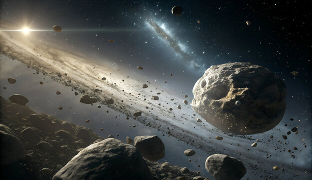 A vast, detailed asteroid belt in space, with rocky debris illuminated by distant stars. A galaxy arcs peacefully in the background, enhancing the cosmic scene.