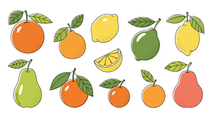 Obraz premium Vibrant collection of various citrus fruits including oranges, lemons, limes, and pears with leaves isolated on a white background.