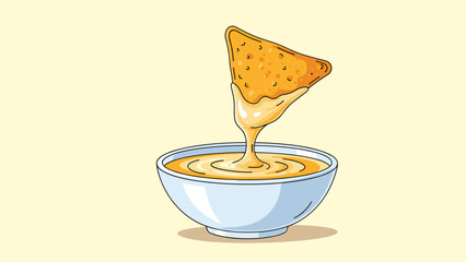 Crunchy tortilla nacho chip being dipped into a smooth bowl of melted yellow cheese sauce, isolated on a warm cream-colored background.