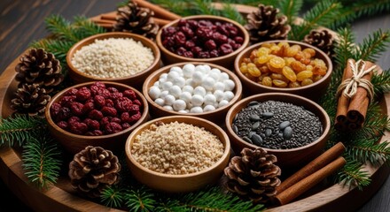 Fototapeta premium Variety of dried fruits and spices arranged on wooden platter for holiday baking