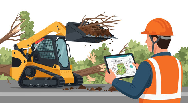 Construction worker operating a skid steer loader for debris removal.