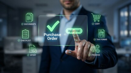 Fototapeta premium A businessman interacts with a transparent digital interface displaying a purchase order approval process with icons and a checkmark high quality professional