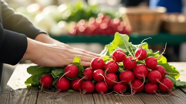 Woman's hands placing fresh radish and carrot harvest on a wooden table, healthy organic vegetables for vegetarian food preparation