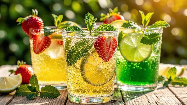 Sparkling fruit beverages with strawberry lime and mint in sunlight