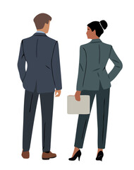 Two business professionals standing facing away in formal attire