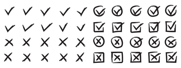 Check mark icons set. Green brush stroke check mark, tick symbols, checklist signs. Grunge brush stroke signs. Grunge checkmark design. Dirty grunge stroke checkmark sign vector illustration Handdrawn