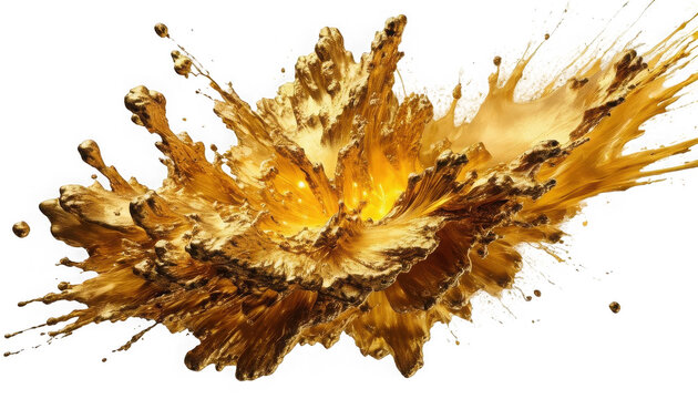 Viscous golden liquid splashes upwards creating a luxurious textured burst effect with illuminated core elements on transparent background