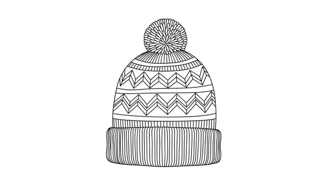 Cozy knit winter beanie with a patterned design and a fluffy pom pom on top is shown in a detailed line drawing for seasonal fashion.