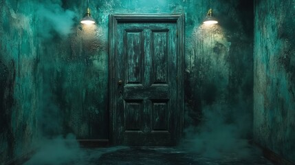 Obraz premium Moody image of a distressed door in a dimly lit, smoky, mossy-walled interior