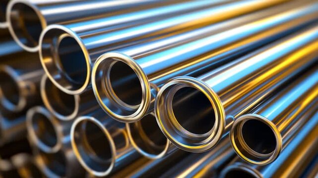 A detailed image showcasing cylindrical, metallic pipes with a shiny, reflective surface
