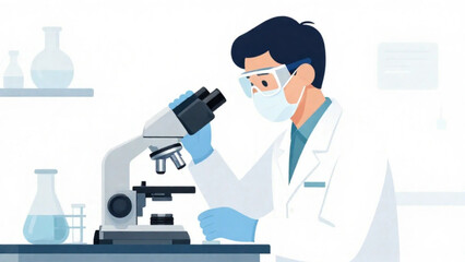 Illustration of a male scientist or researcher observing a sample using a microscope in a medical laboratory, wearing full safety gear.