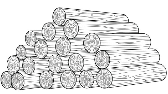 Stacked pile of wooden logs shown in a detailed black and white line art illustration representing firewood and forestry concepts.