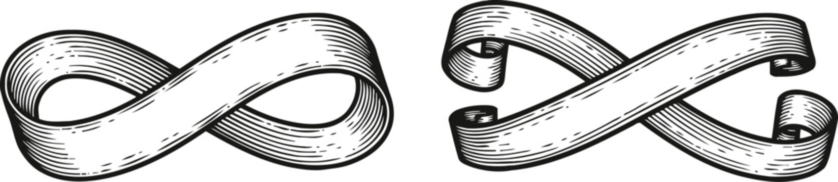vintage hand drawn ribbons in infinity and curled banner scroll designs, decorative ornamental elements