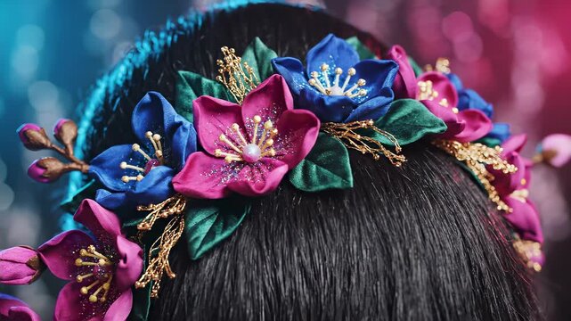 Beautiful Floral Hair Accessory Adorning Dark Hair.