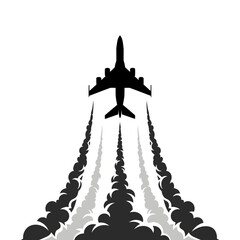 Jet airplane silhouette ascending with dark smoke trails, abstract aviation graphic