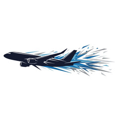 Silhouette of a dark blue airplane soaring through a stylized blue and grey abstract explosion.
