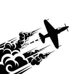 Silhouette of a vintage fighter plane soaring through clouds with smoke trails