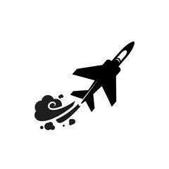 Silhouette of a modern fighter jet soaring through the sky, leaving a trail of smoke.