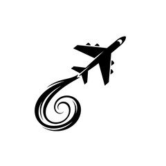 Silhouette of a jet airplane leaving a stylized smoke trail in a spiral shape