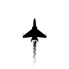 Silhouette of a fighter jet ascending with smoke trail against white background