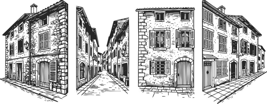Black and white hand drawn old european street views vintage architecture and stone buildings with shutters and cobblestone road sketches