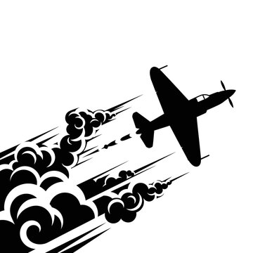 Silhouette of a vintage fighter plane soaring through clouds with smoke trails