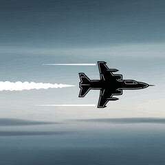 Silhouette of a modern fighter jet flying at high speed through clouds