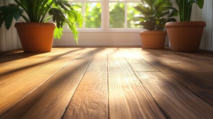 Interior scene featuring sunlight, wooden floor, and potted green plants near a bright window
