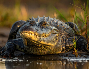 Obraz premium A dangerous green alligator predator with sharp teeth and a wild eye lurks in the tropical Florida Everglades swamp water as a closeup reptile wildlife animal