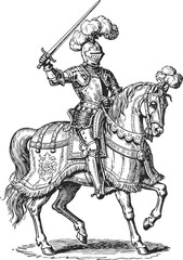 Fototapeta premium Medieval knight in full armor riding a horse with plume adorned helmet and raised sword