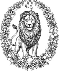 Obraz premium Majestic lion standing within a floral wreath with leo zodiac symbol above