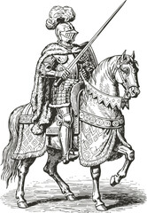 Obraz premium Medieval knight in full armor on horseback holding a lance and wearing a fur cloak