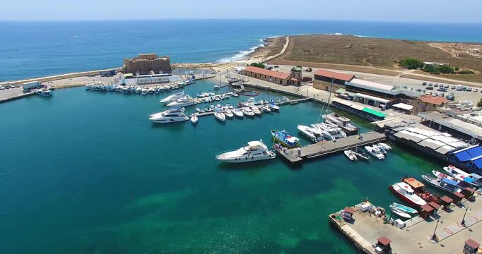 4K Aerial View of Marina with Boats and Harbor at Coastal Location, Cyprus, Pafos