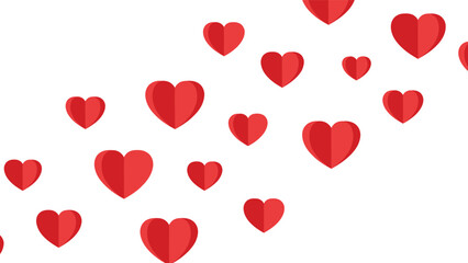Red paper hearts scattered randomly on white background love romance