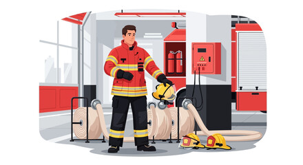 Fototapeta premium Brave Firefighter in Full Gear Holding Helmet.