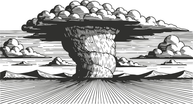Mushroom cloud explosion black and white engraving nuclear blast and fallout disaster illustration