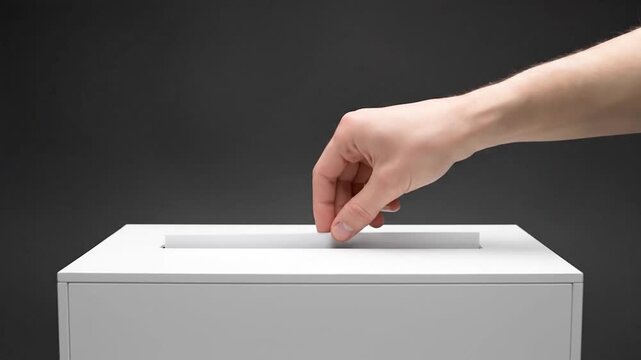 Hand submitting blank document into white collection box against dark background