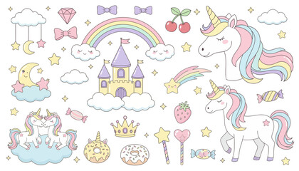 A magical scene with unicorns, castle, rainbow, and sweet treats in a whimsical fantasy world setting with clouds and stars.