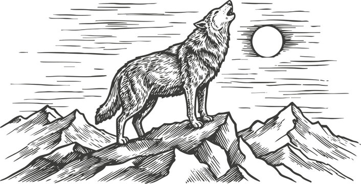 Howling wolf standing on rocky mountain peak with full moon and mountain range background