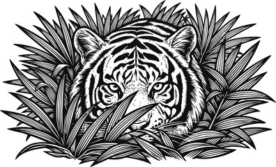 Obraz premium Tiger hiding in dense jungle grass detailed black and white illustration of wild animal eyes peeking through leaves